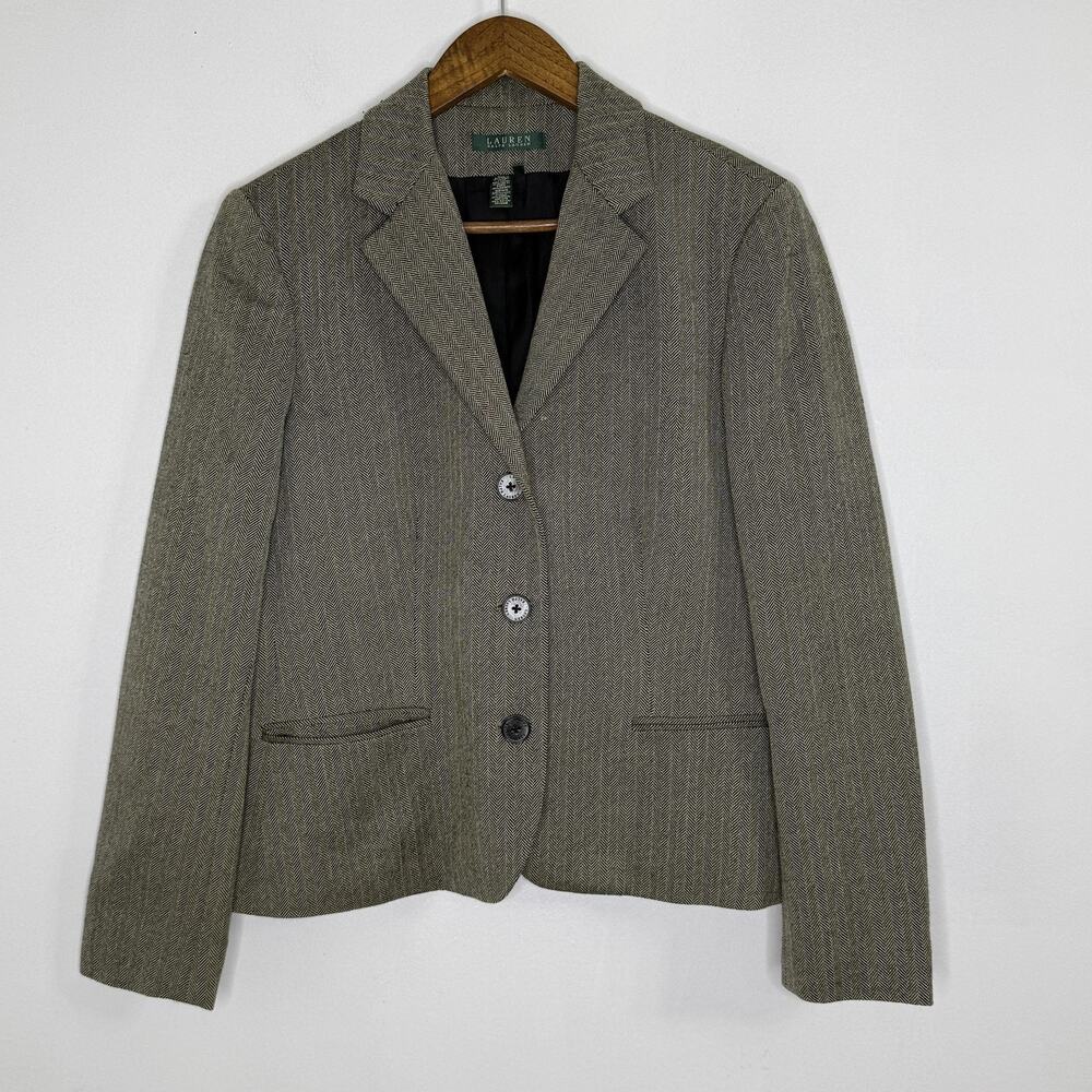 Ralph Lauren Blazer Womens 12 Brown Wool Herringbone Tweed Jacket Equestrian